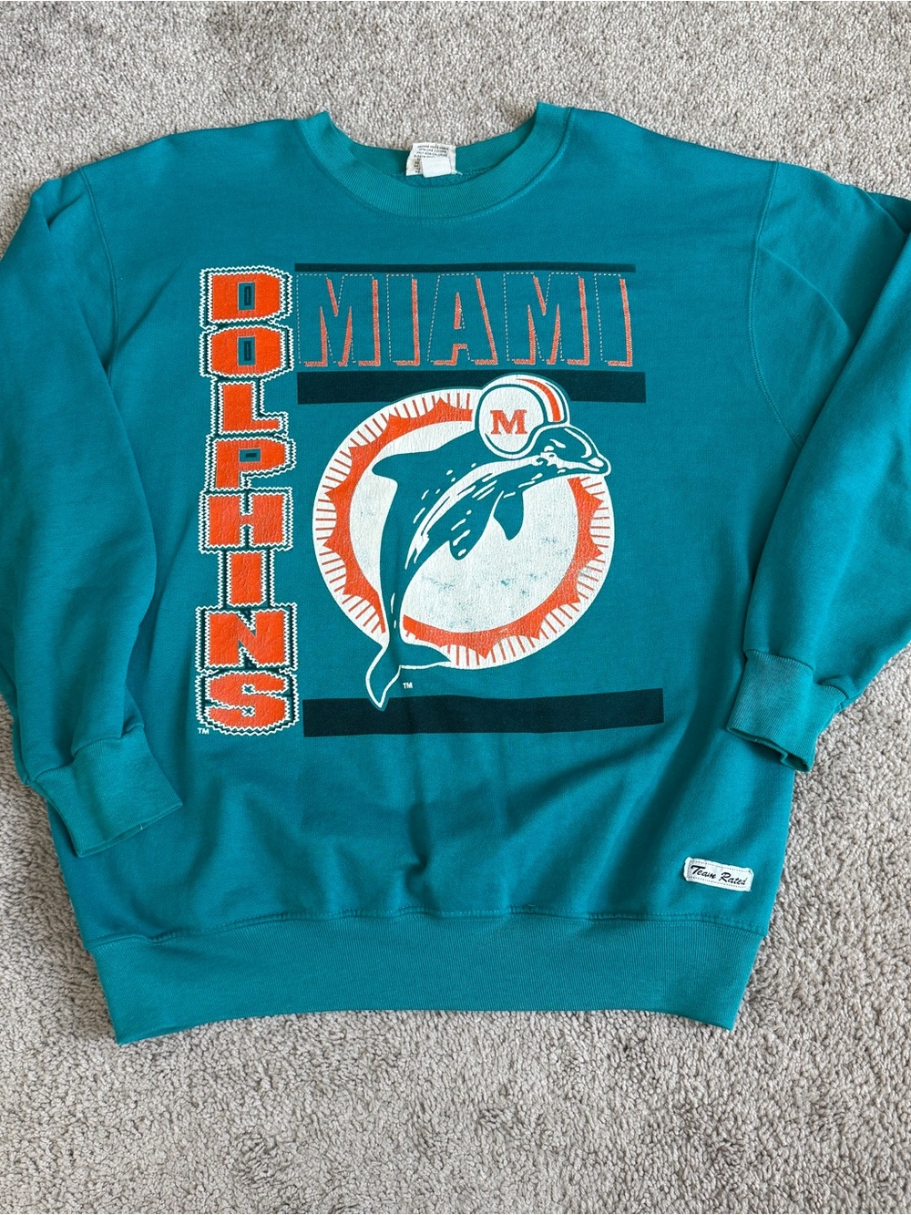 Vintage 90s Miami Dolphins Team Rated Sweatshirt USA Teal Size Large 22.5”